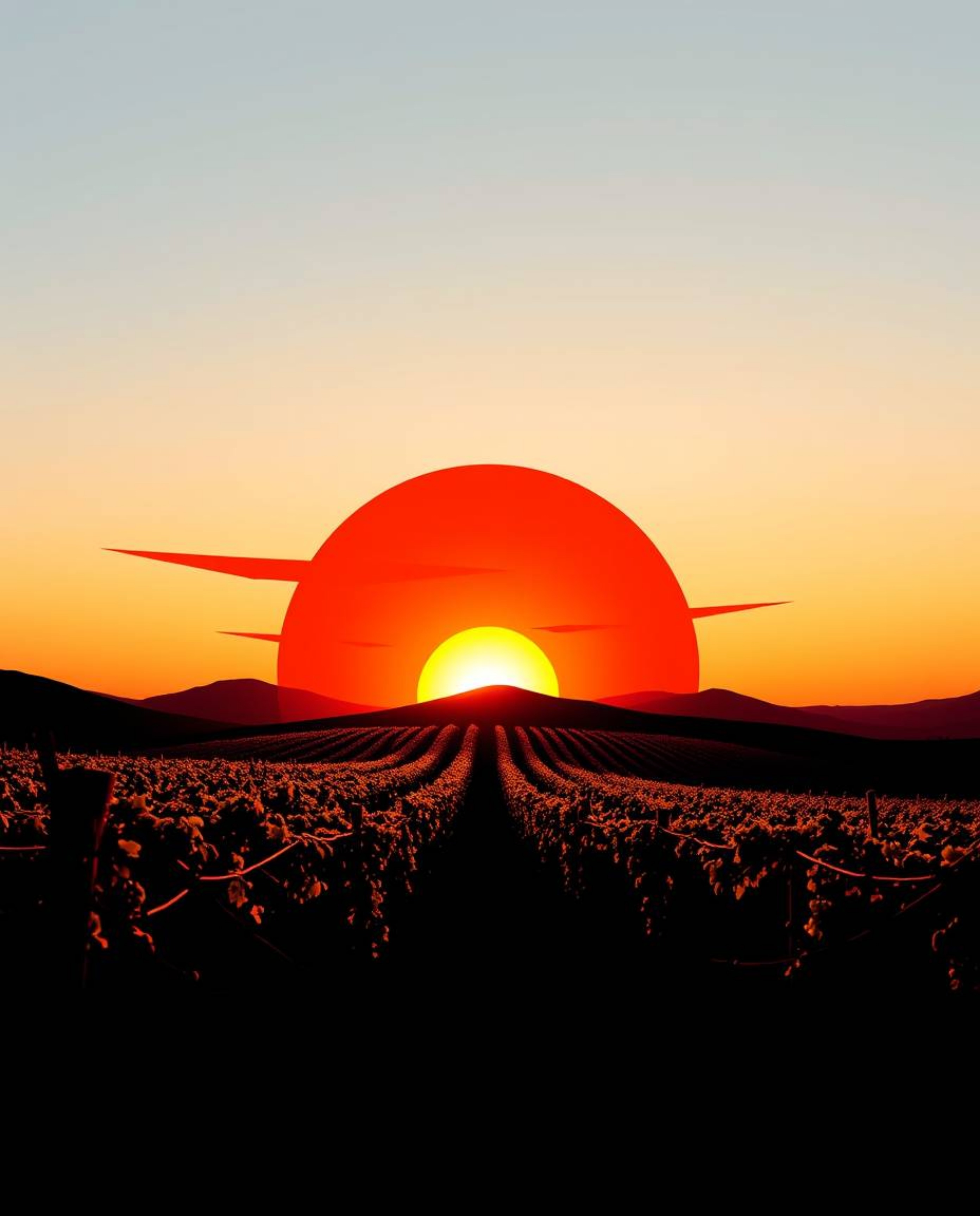 A strong hard light logo depicts a split sunset over a vineyard, crafted with geometric shapes and clean lines. The design fe