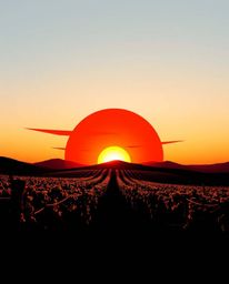 A strong hard light logo depicts a split sunset over a vineyard, crafted with geometric shapes and clean lines. The design fe