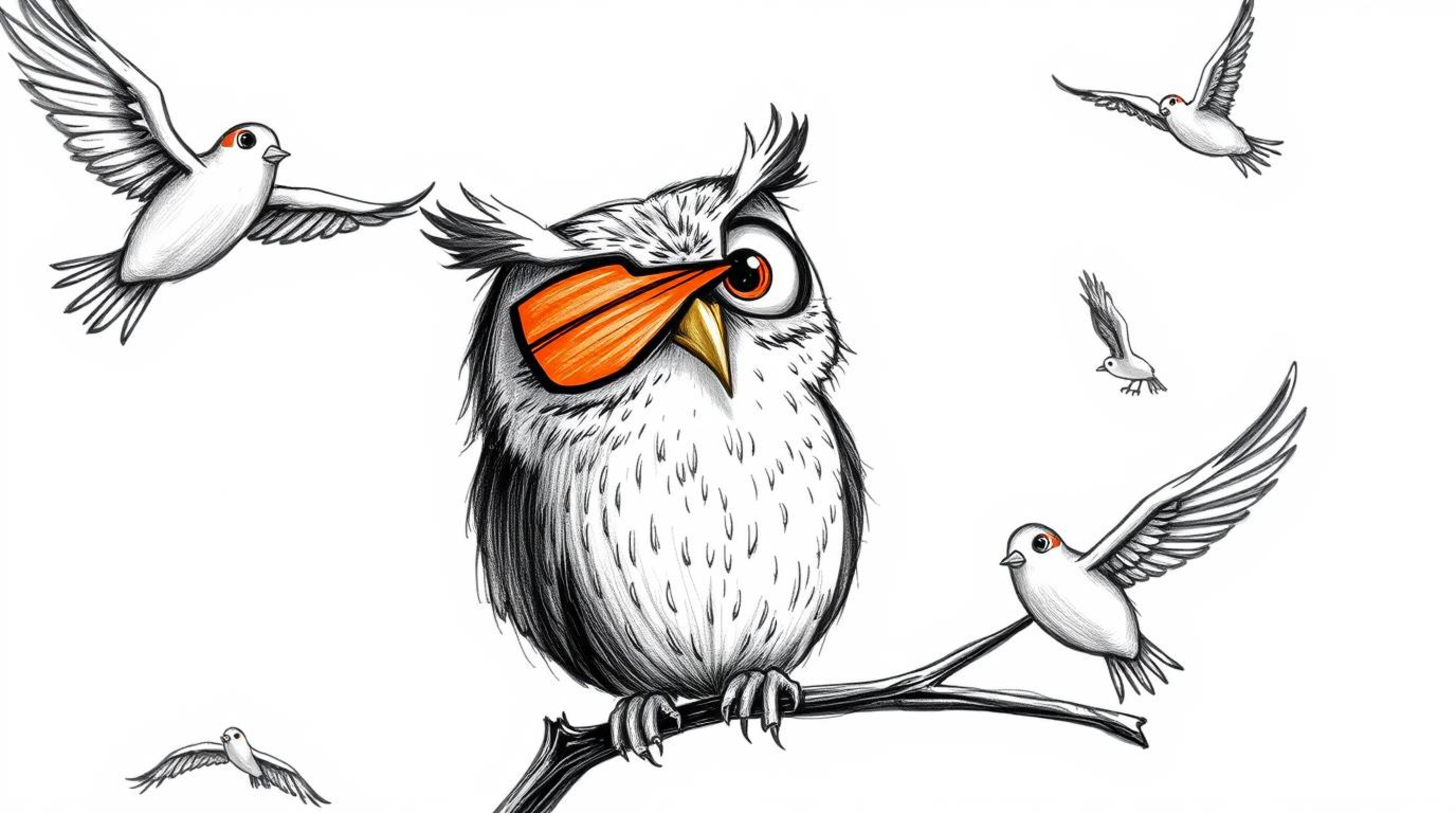 A whimsical hand-drawn sketch in the style of Pixar, depicting a blind owl with large, expressive eyes teaching birds how to 