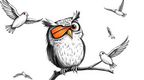 A whimsical hand-drawn sketch in the style of Pixar, depicting a blind owl with large, expressive eyes teaching birds how to 