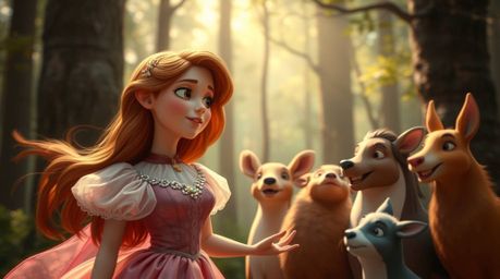 A dramatic cinematic long exposure photograph captures a princess with flowing auburn hair and fair skin serenading a group o