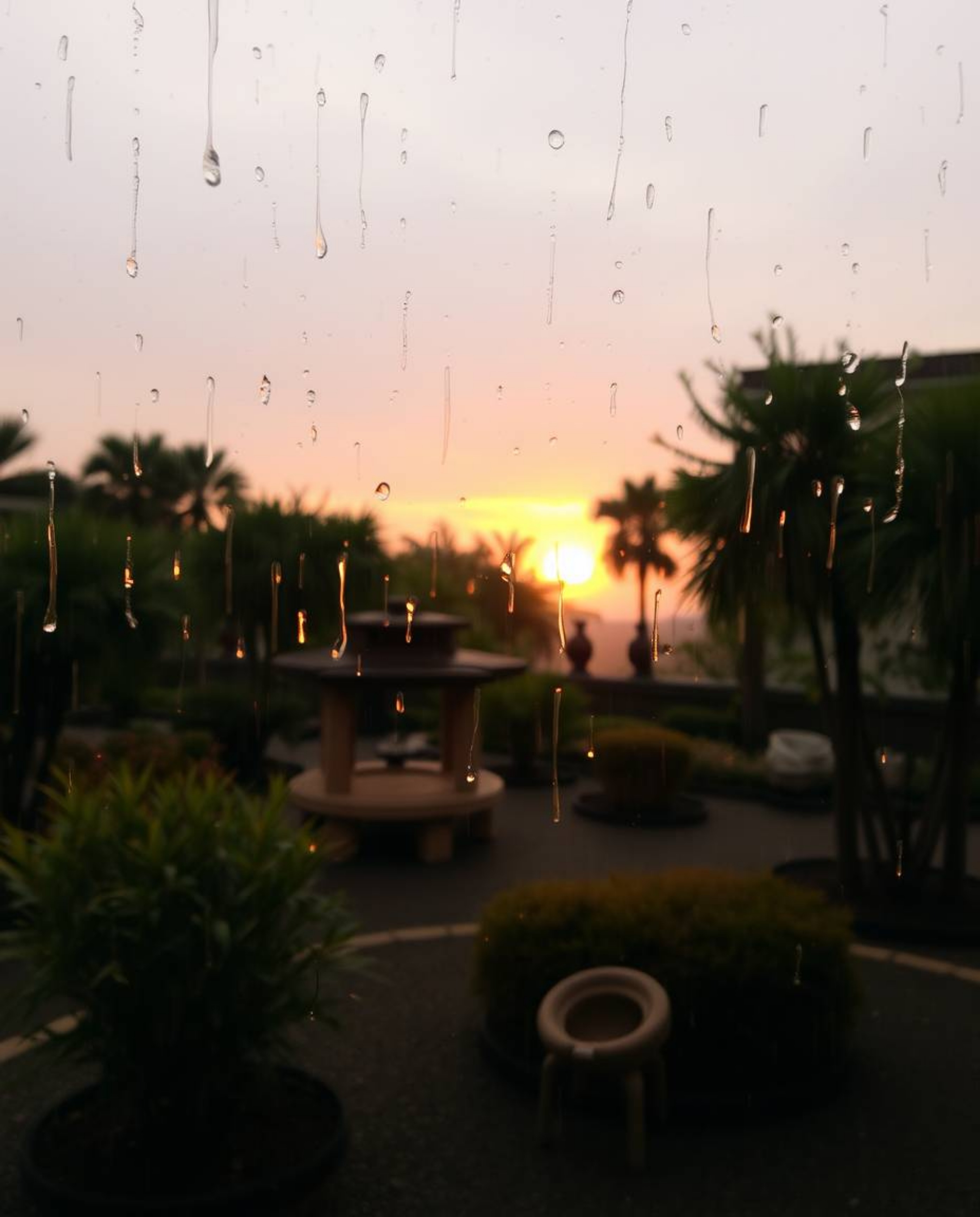 Experience a serene Zen garden during a wet, rainy sunset, captured in a palette of natural earth tones. This tranquil scene 