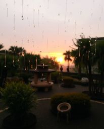 Experience a serene Zen garden during a wet, rainy sunset, captured in a palette of natural earth tones. This tranquil scene 