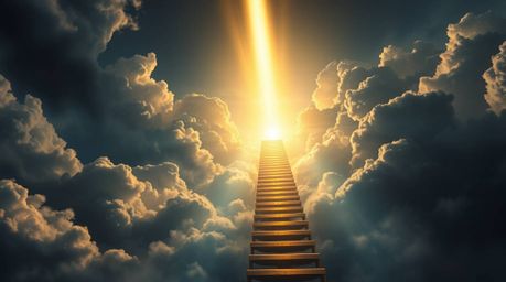 A digitally painted masterpiece depicts a golden staircase ascending through dramatic, moody clouds towards a glowing heaven.
