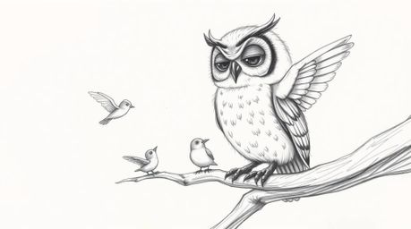 A heartwarming hand-drawn sketch reminiscent of Pixar animation, showcasing a blind owl with exquisitely soft, feathery textu