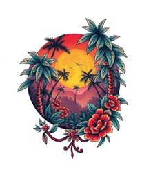 A symbolic traditional tattoo art print, set on a white background, features a sunset seen through a dense jungle canopy. The