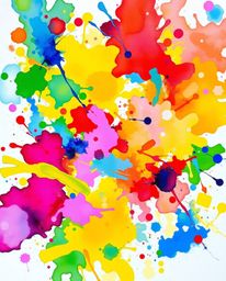 A bright and bold acrylic painting showcases colorful watercolor splashes blending seamlessly on paper. Vivid tones and a cha