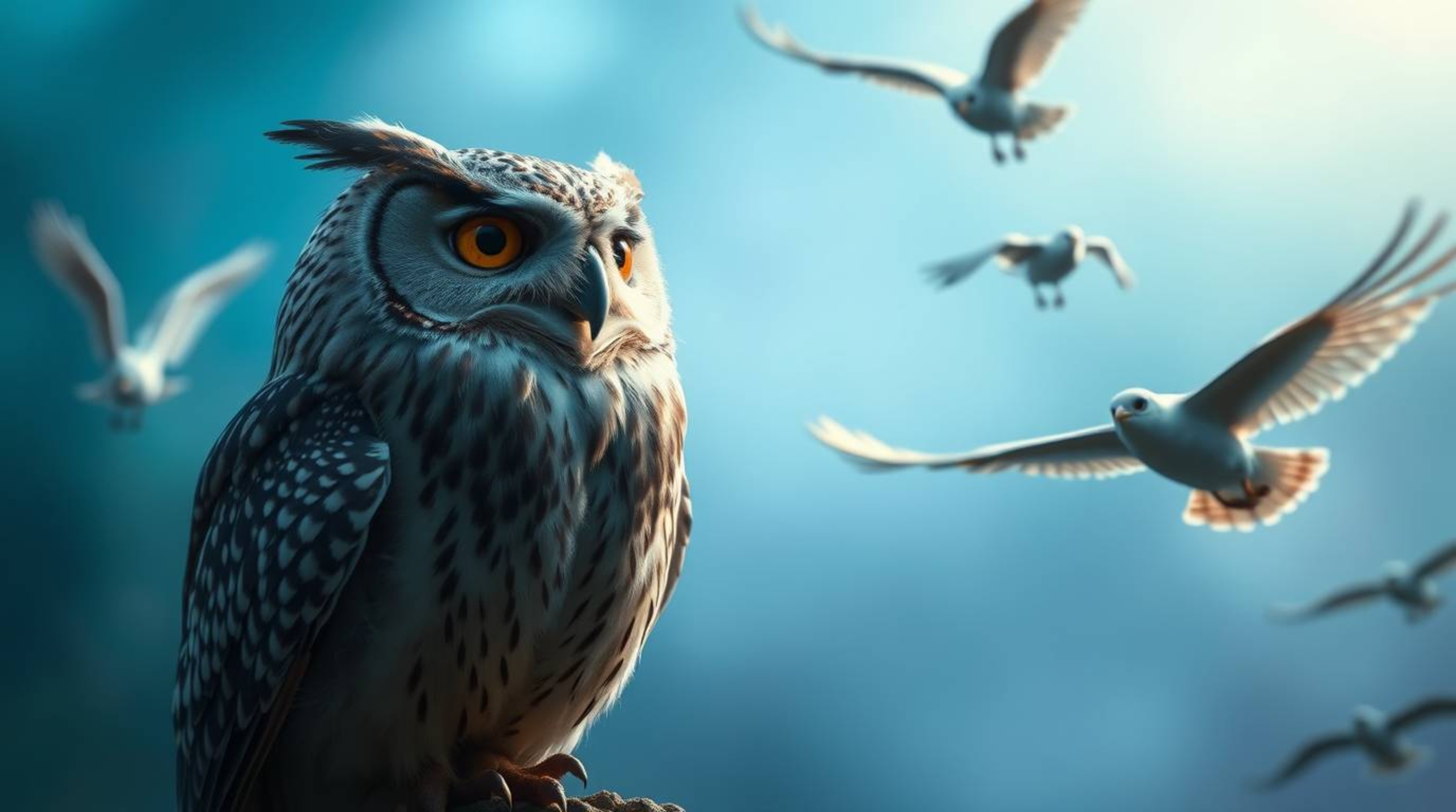 A long exposure photograph captures a blind, wise owl, rendered in a charming Pixar style, as it teaches birds to fly. The sc