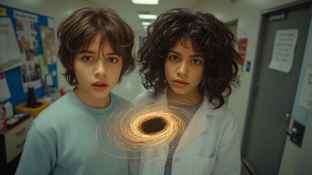 A highly detailed, cinematic photograph captures a dynamic duo of two diverse young scientists in a cluttered high school sci