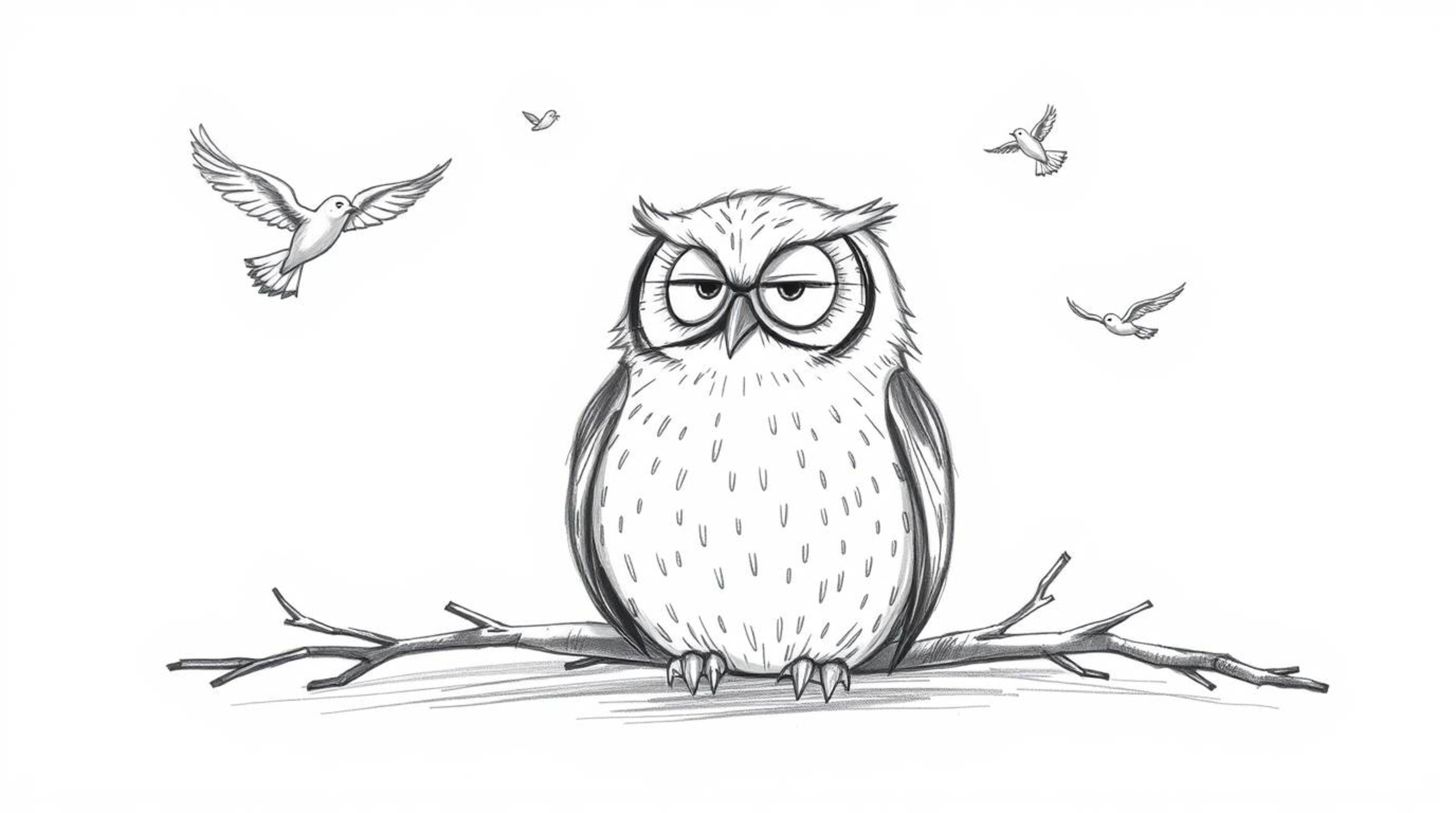 This image depicts a blind owl, beautifully rendered in a Pixar-esque hand-drawn sketch style with textured pencil strokes. T