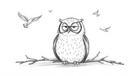 This image depicts a blind owl, beautifully rendered in a Pixar-esque hand-drawn sketch style with textured pencil strokes. T