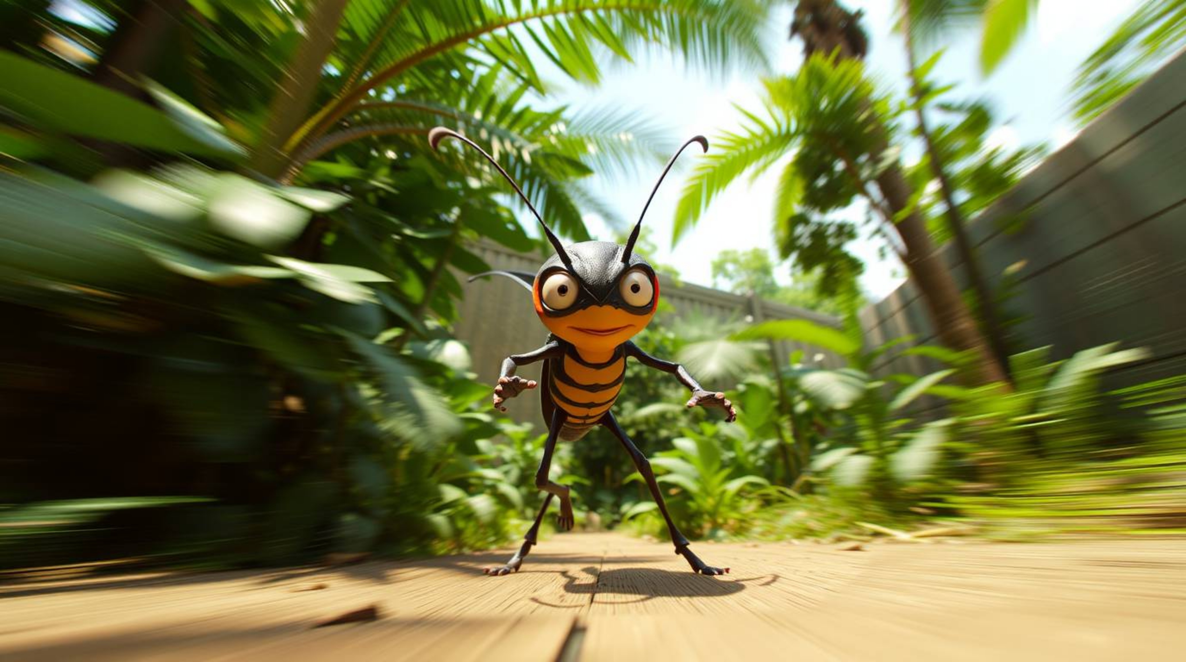 A dynamic, split-screen image captures the thrilling adventure of a bug-sized hero as they explore a vibrant backyard jungle.