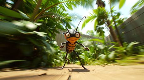 A dynamic, split-screen image captures the thrilling adventure of a bug-sized hero as they explore a vibrant backyard jungle.