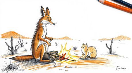 A vibrant and dramatic hand-drawn sketch depicts a coyote in the desert setting up a ridiculously elaborate trap. The artwork