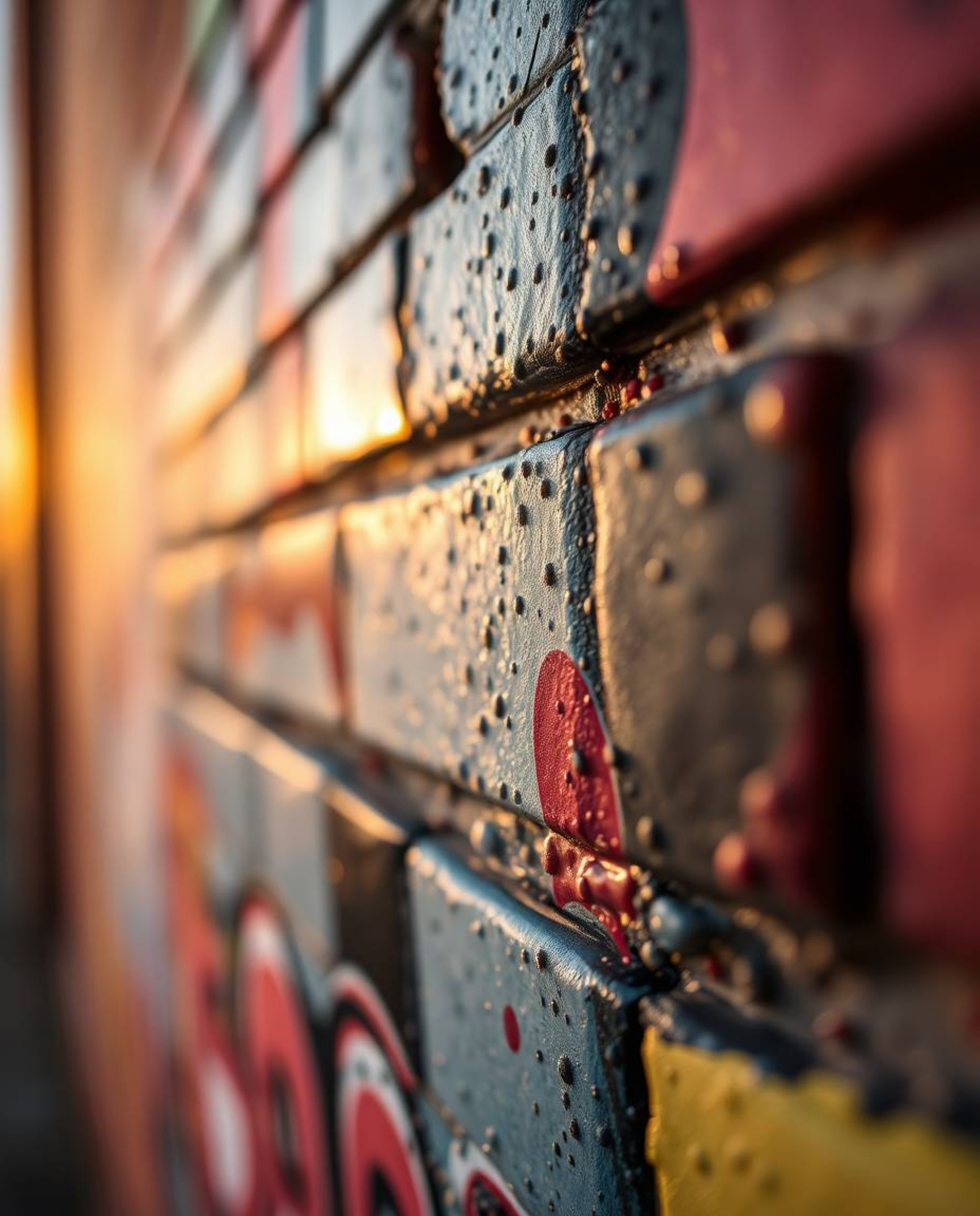 An extreme close-up macro shot captures vibrant, graffiti-style colorful splashes on a textured brick wall.  Bathed in the wa