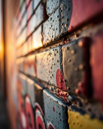 An extreme close-up macro shot captures vibrant, graffiti-style colorful splashes on a textured brick wall.  Bathed in the wa
