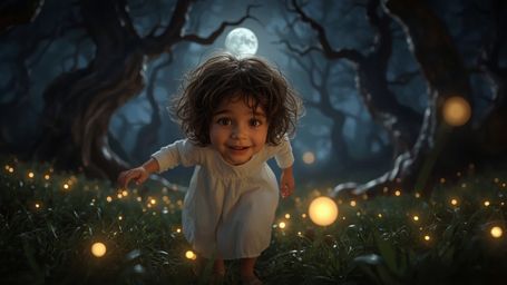 A cinematic, vibrant photograph captures a curious, freckled child with a big smile, chasing the moon's soft, silvery shadows