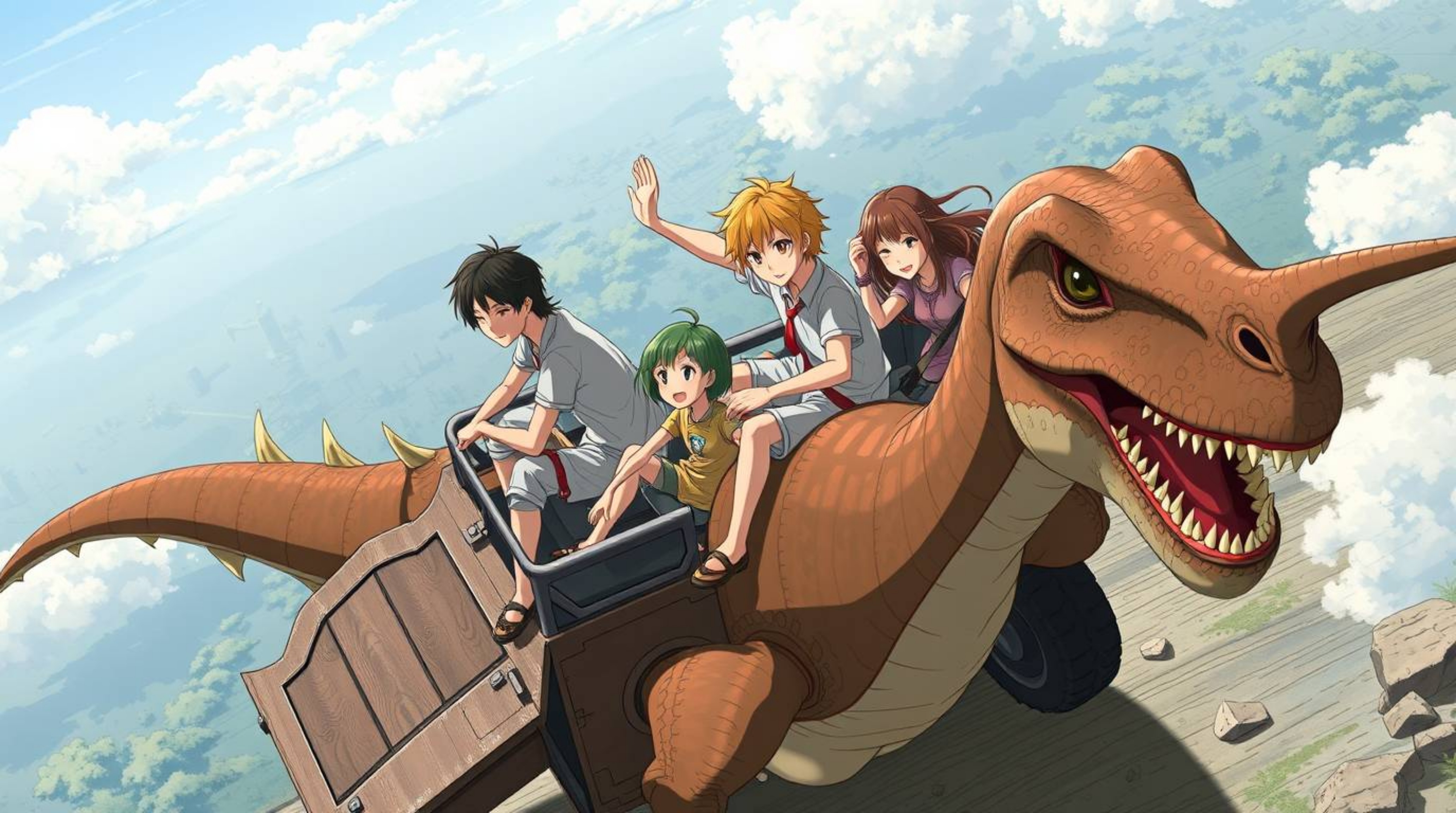Experience a whimsical journey through time with this captivating Isekai-style artwork.  A prehistoric family embarks on an e