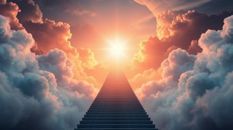 A breathtaking digital artwork depicts a massive, surreal stairway ascending through smoky clouds towards a radiant celestial