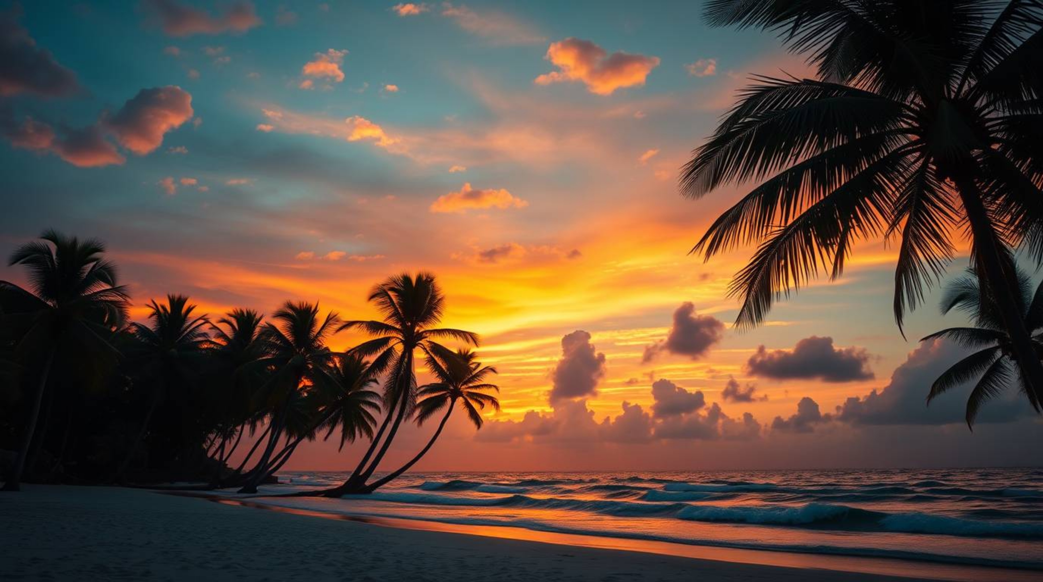 Experience the captivating beauty of a tropical beach sunset.  Palm trees sway gently against a vibrant sky, bathed in intens