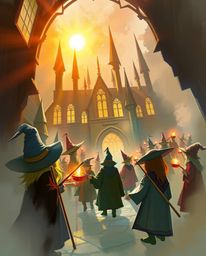 Explore a dynamic digital sketch depicting a magical school teeming with young wizards. The scene is brought to life with pai