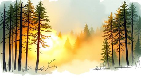 A captivating hand-drawn sketchnote depicting mist rising from a forest at golden hour. This evocative illustration captures 