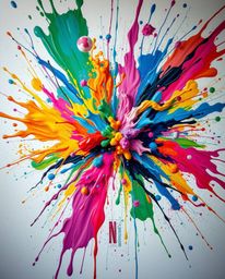 Witness a vibrant explosion of colorful paint splashes across a pristine white canvas, rendered in stunning high detail. This
