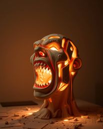 A stunning artwork blending sculptural clay forms with digital distortion, depicting a person's scream as the world disintegr