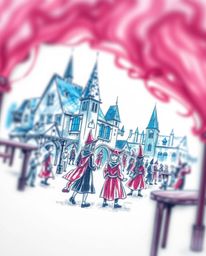 A captivating hand-drawn sketch depicts a magical school brimming with young wizards.  Rendered in rich burgundy and deep blu
