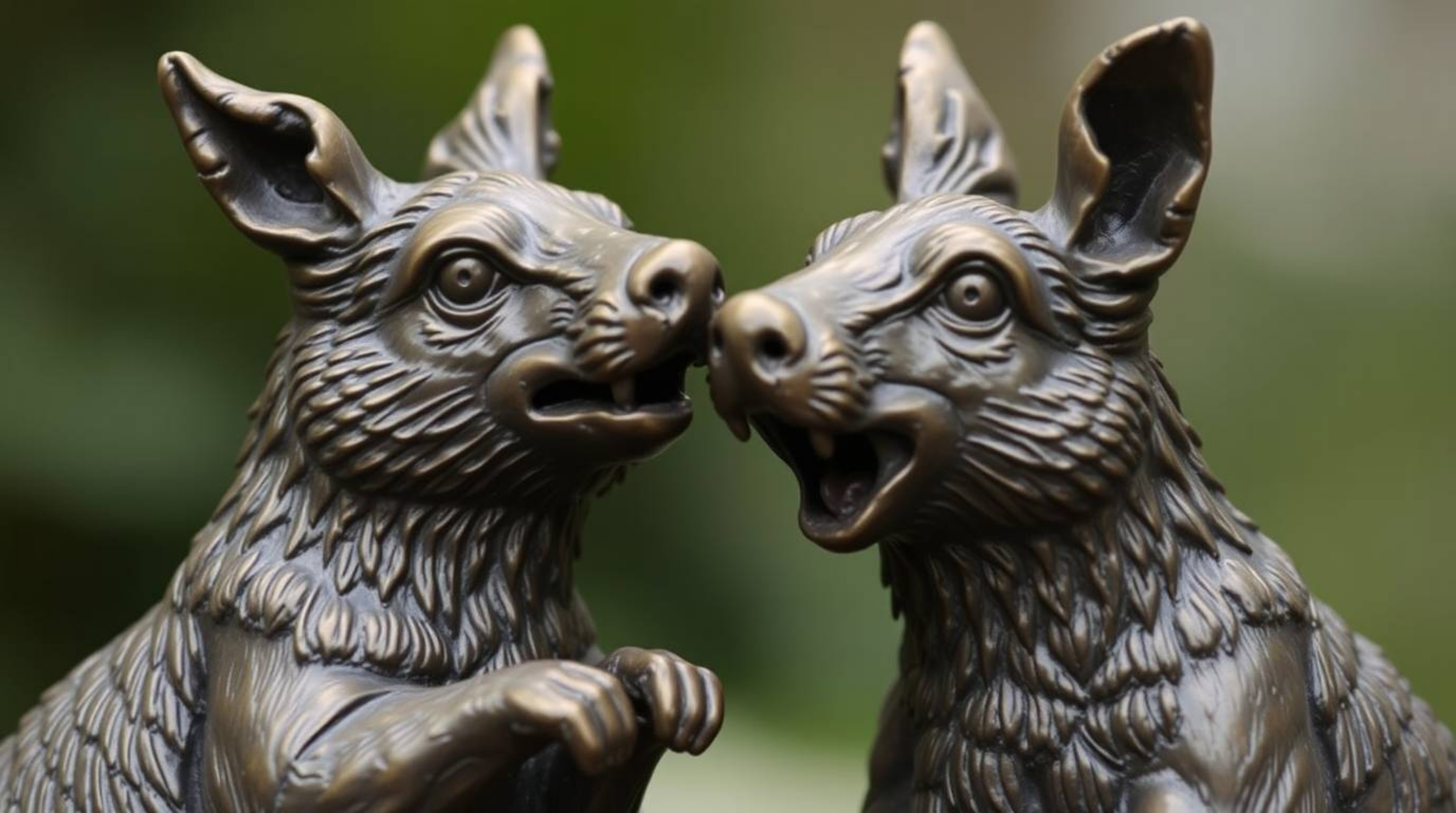 A captivating close-up reveals a detailed cast bronze sculpture of two mischievous talking animals.  The image showcases the 