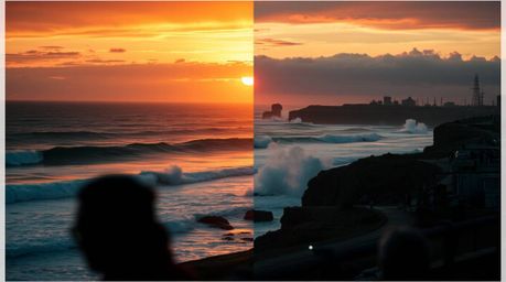 Explore the raw energy of candid street photography, showcasing distinct split compositions. Imagine waves crashing against r