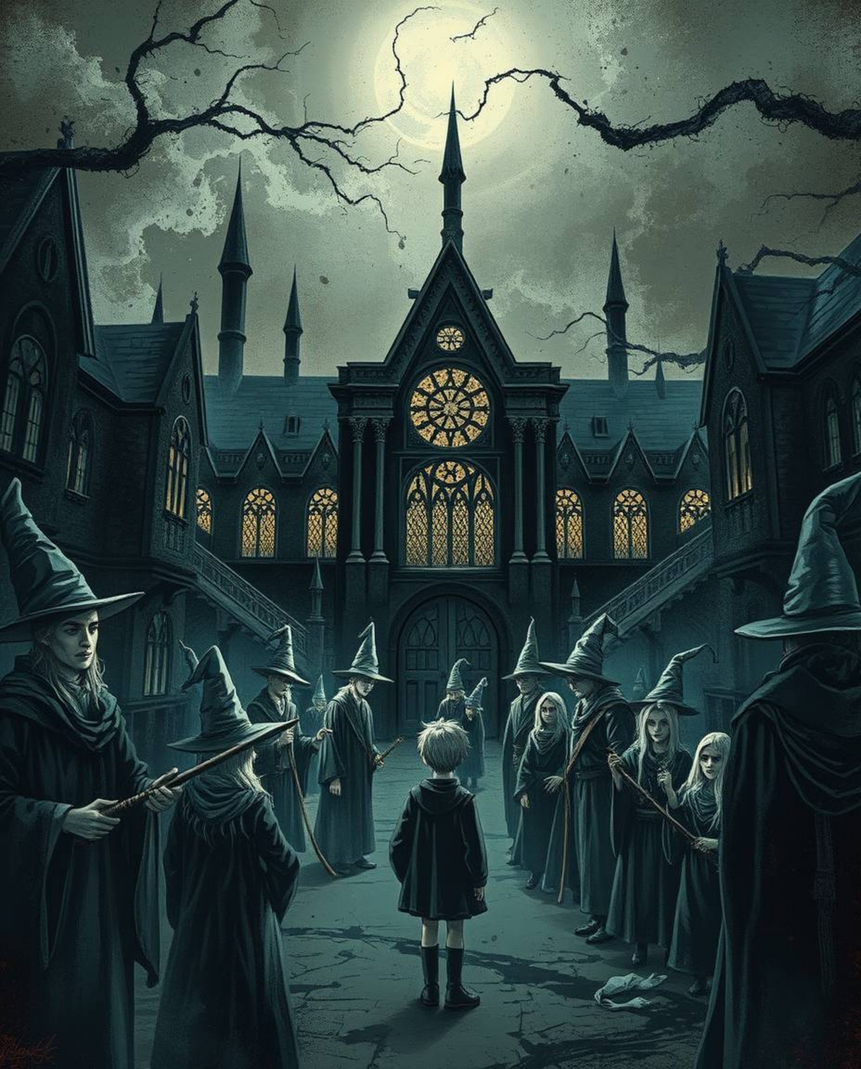 This striking illustration depicts a magical school brimming with young wizards, rendered in a dark and unsettling style. The