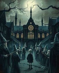 This striking illustration depicts a magical school brimming with young wizards, rendered in a dark and unsettling style. The