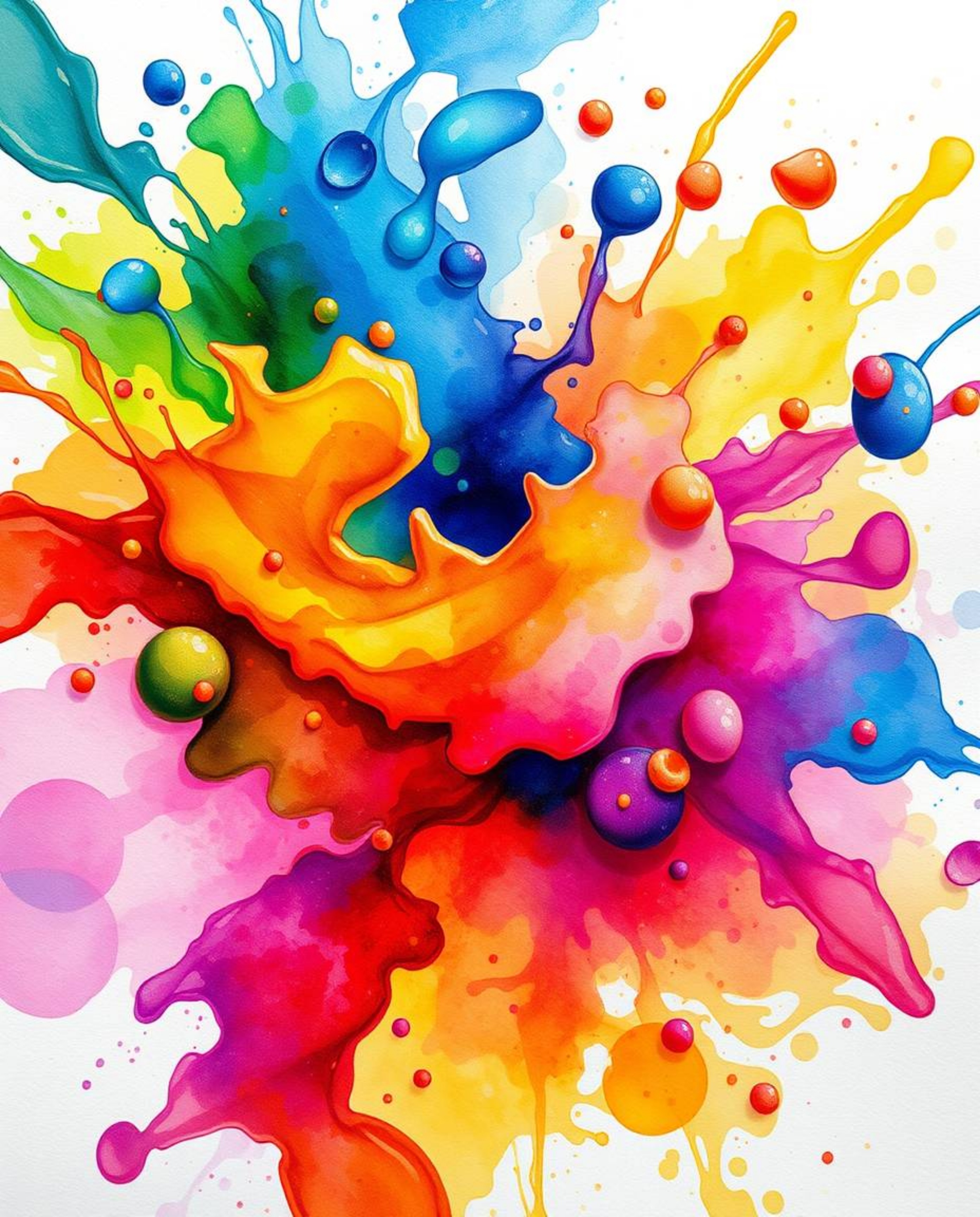Experience an Isekai anime-style visual journey of colorful watercolor splashes blending dynamically on paper.  Witness vivid