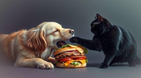 A captivating image depicting a golden retriever and a sleek black cat engaged in a comical battle over an enormous sandwich.