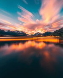 A long-exposure photograph expertly captures the motion and light trails of fiery cloud reflections in a mountain lake. This 