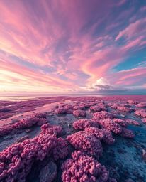 A surreal photograph captures a colorful sky over a coral reef at low tide, distinguished by its use of infrared tones which 