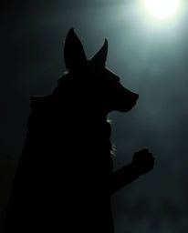 A silhouetted image featuring a hero aided by a talking animal sidekick, rendered with an eerie and creepy atmosphere achieve