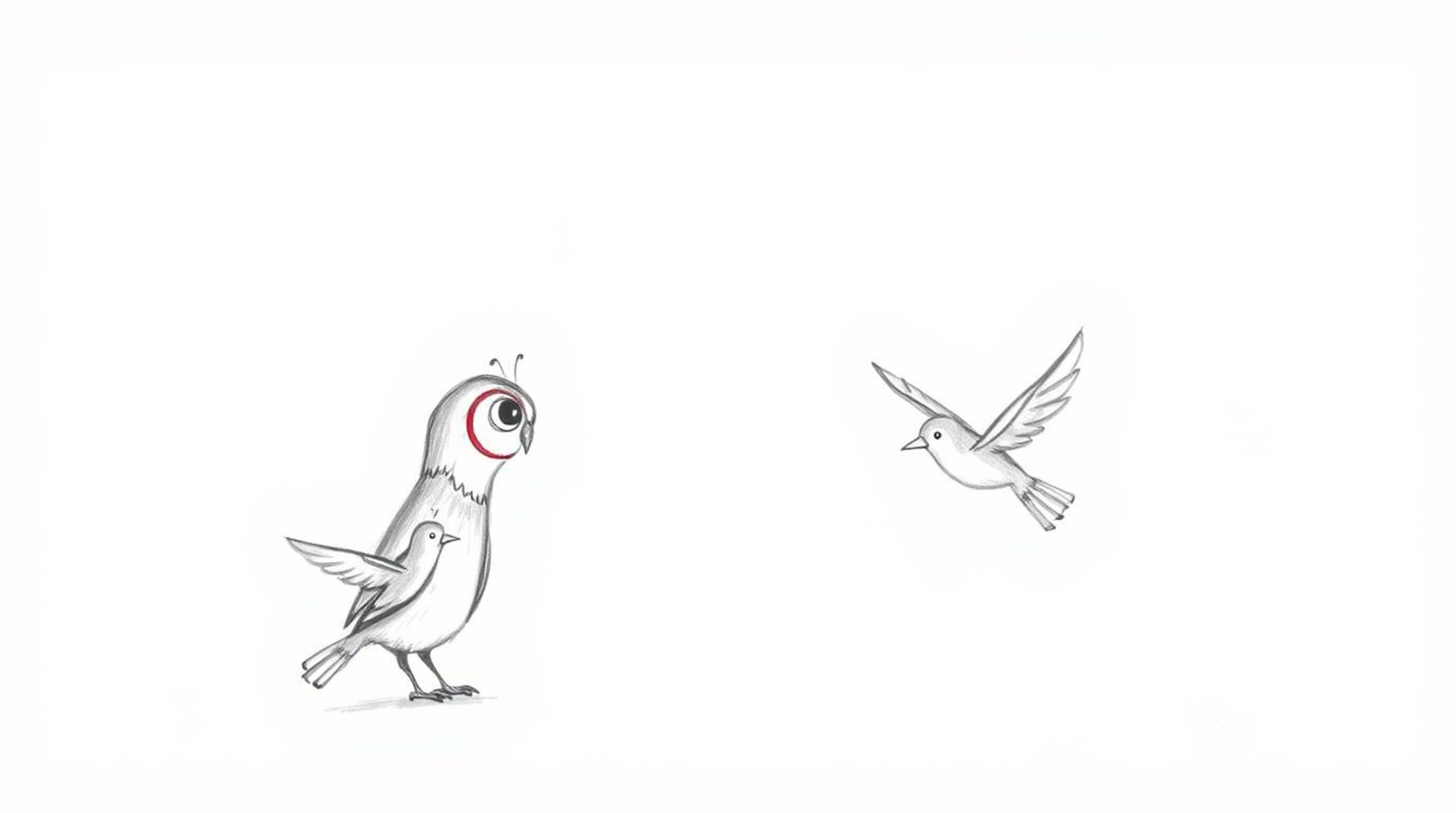 A charming hand-drawn sketch in the style of Pixar depicts a blind owl ingeniously teaching birds to fly. Utilizing wind chim