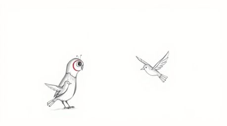 A charming hand-drawn sketch in the style of Pixar depicts a blind owl ingeniously teaching birds to fly. Utilizing wind chim