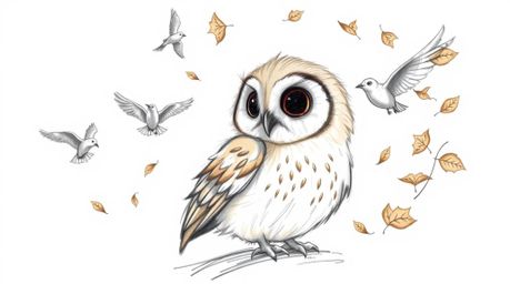 A heartwarming scene depicts a blind owl with soft, light brown feathers and delicate features, guiding other birds in flight