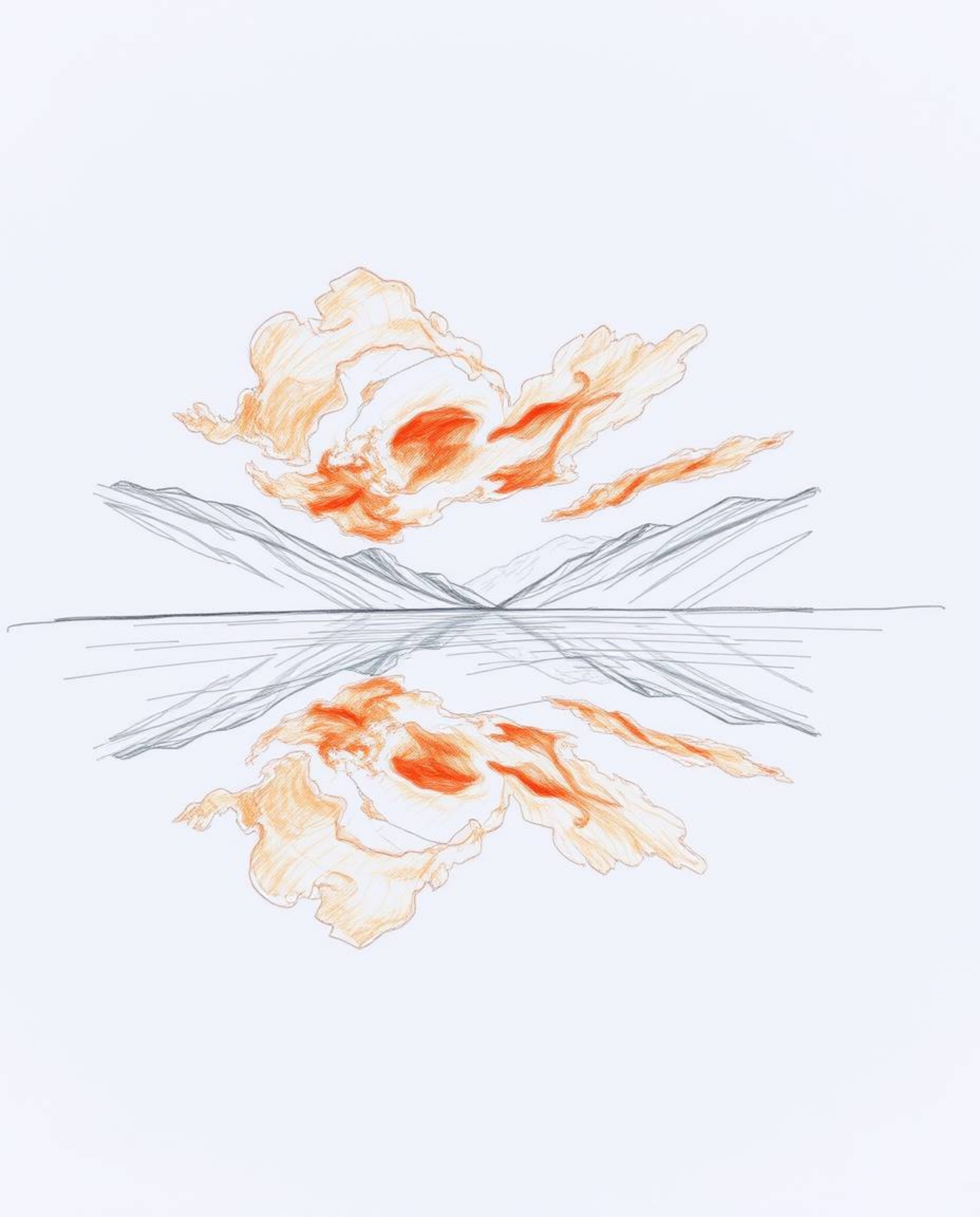 A striking hand-drawn sketch depicting a low-angle view of fiery cloud reflections in a mountain lake. This piece uses a dist