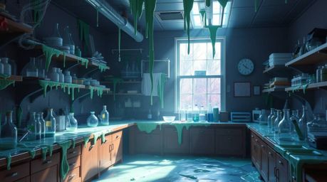 Explore a mesmerizing slime-covered science lab bathed in gentle, soft light featuring cool blues, greens, and purples. Diffu