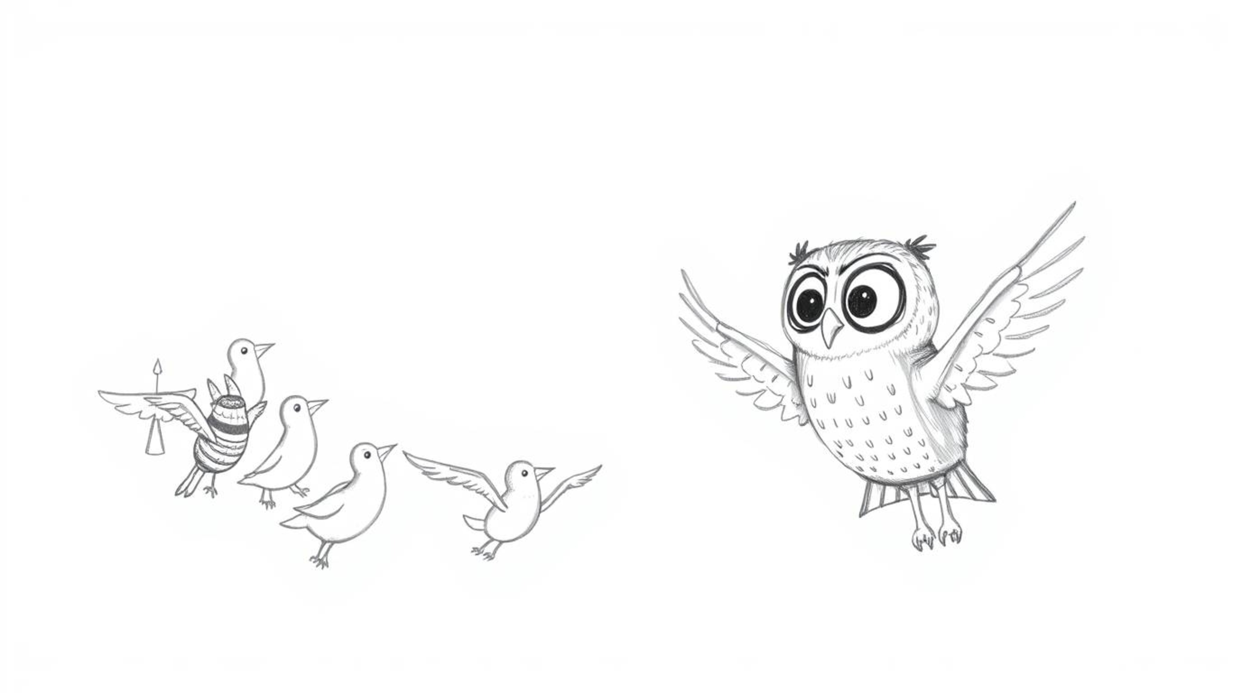 A heartwarming hand-drawn sketch in the style of Pixar showcases a blind owl with large, endearing eyes passionately instruct