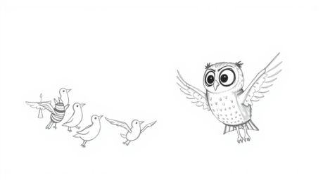 A heartwarming hand-drawn sketch in the style of Pixar showcases a blind owl with large, endearing eyes passionately instruct
