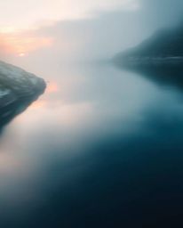 A long exposure photograph, taken from a bird's-eye view, captures a glassy fjord reflecting a sunset through a soft cinemati