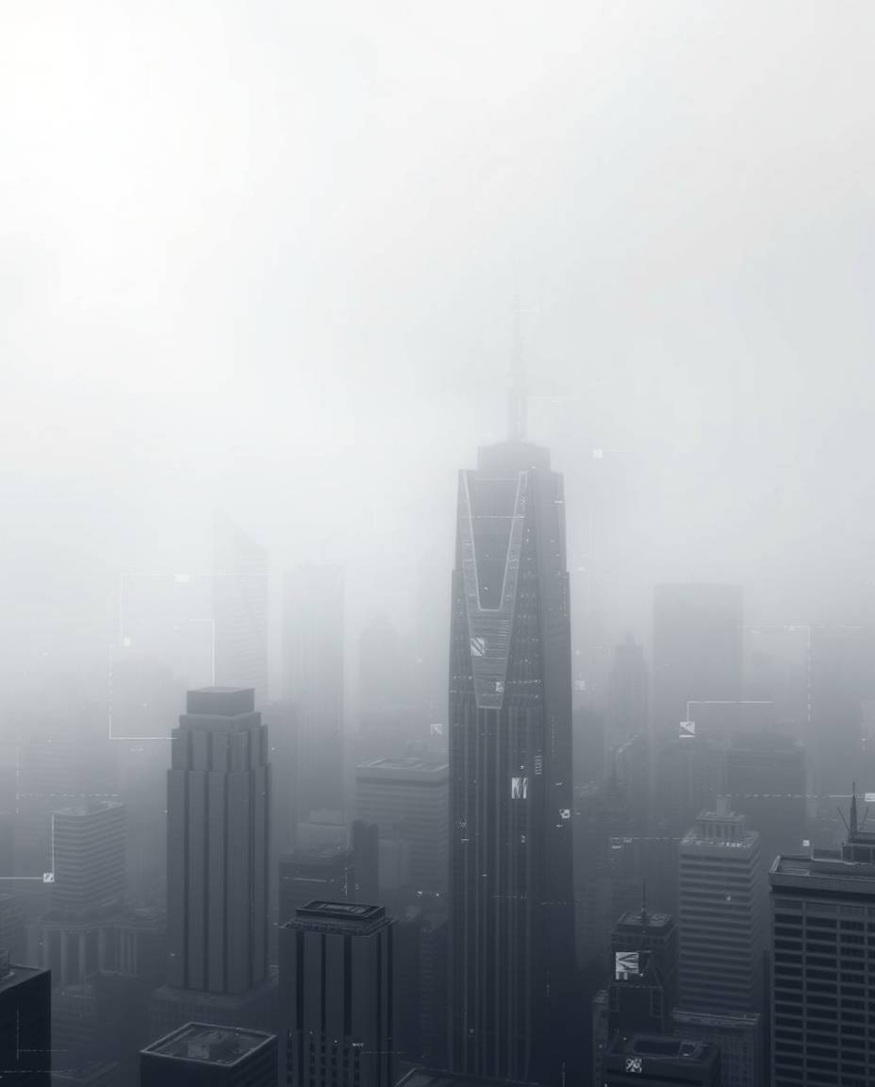 Explore a captivating glitchy digital landscape featuring distorted skyscrapers and static noise enveloped in a thick fog, cr