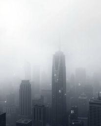 Explore a captivating glitchy digital landscape featuring distorted skyscrapers and static noise enveloped in a thick fog, cr