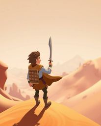Embark on a thrilling Disney-style desert adventure with a brave hero viewed from a high angle. Witness seamless blending and