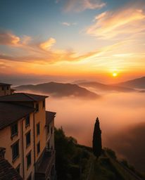 Precise architectural color photograph of an ethereal spiritual sunset over misty Tuscan hills, light aura, mystical feeling,